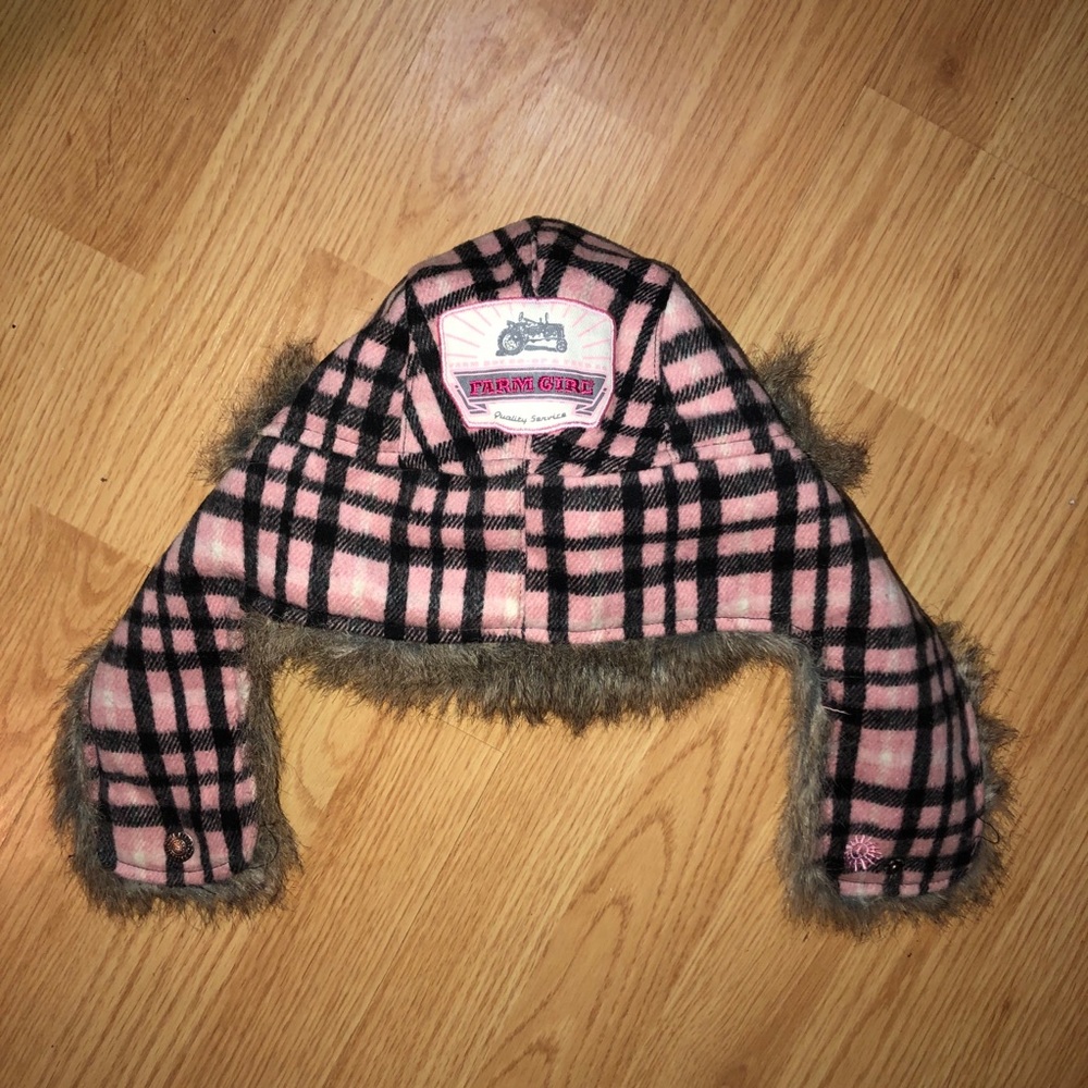 FARMGIRL fur hat pink & black warm snaps NICE